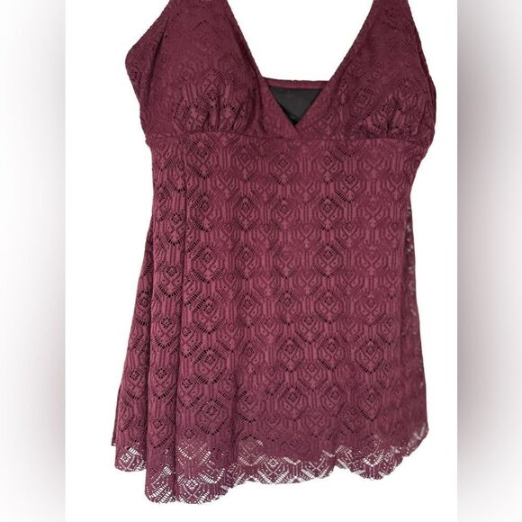 NWT Meet.Curve Burgundy One Piece Swimsuit with lace overlay cover up side slit - Picture 5 of 5